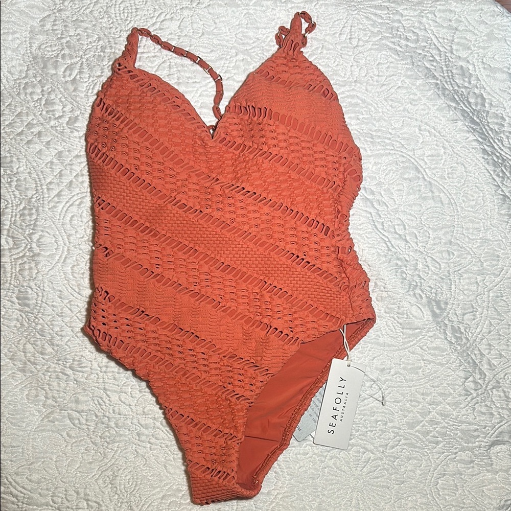 NWT- Seafolly Coral One Piece Swimsuit w/ Plunging Neckline and Textured Fabric